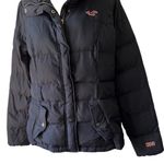 Hollister  Navy Blue and Red Feather Stuffed Puffer Jacket | Size Medium Photo 4