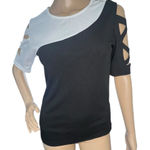 Unbranded Black And White Ribbon Sleeve Ribbed Short Sleeve T Photo 0