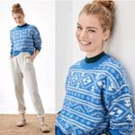 American Eagle NEW Fair Isle Snowdrift Oversized Knit Crop Sweater in Blue White Photo 1