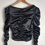 H&M  Satin Black Puff Long Sleeve Ruched Gathered Boatneck Party top Size S Photo 3
