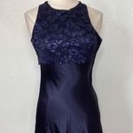 Vintage 90’s Navy Blue Satin Floral Lace Sleeveless Empire Waist Dress Size 8 Photo 0