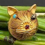 Head Vintage Unsigned Gold-tone Wired Cat CZ Stones Small Cat Brooch Photo 9