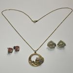 Pink Porcelain Rose Pendant Necklace gold chain 2 sets of Earrings yellow purple Photo 2