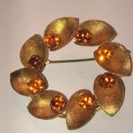 Austria Vintage Gold Tone Amber Color CZ Rhinestone Round Floral Brooch Photo 1