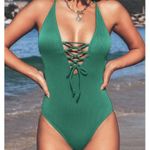 Cupshe NEW Ribbed Sage Green V-Neck Lacey Vacation One Piece Swimsuit Size S Photo 2