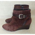 Trendy Brown Suede Leather Antonio Milano Wedge Boots Booties Zip Buckle Size 8 Photo 5