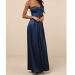 Lulus NWT Memorable Entrance Dark Blue Strapless Satin Pleated Maxi Gown Dress Photo 1