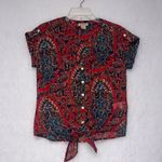 Lucky Brand Women's Red Paisley Short Rolled Sleeve V Neck Tie Waist Top Size XS Photo 0