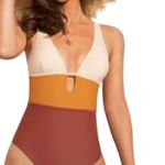 Clip She One Piece Swimsuit Color Block High Cut Leg Plunge Bathing Suit Brown Size L Photo 0
