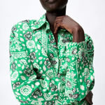 ZARA Green Floral Print Cropped Cotton Button Up Shirt Blouse Women XS Oversized Photo 0