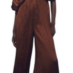 ZARA  Women’s Brown Satin Effect Pleated Stretch Jumpsuit Size Small Photo 0