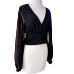 Wilfred  Wistful Blouse Black Sheer Long Sleeves Smocked Surplice Size Medium EUC Photo 6