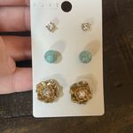 Boutique Gold Tone Rose Flower Crystal Stud Trio Set Of Earrings Photo 1