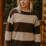 Pure Amici 100% Cashmere Brown and Tan Stripe Crewneck Cozy Cabin Holiday XS Photo 0