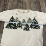 Vintage Christmas Tree Holiday beaded hand knitted sweater White Size M Photo 3