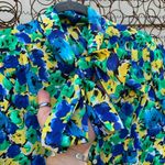 Vintage floral secretary blouse with kitten bow bold blue yellow green floral Size M Photo 1