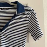 ZARA Blue and White Striped V Neck Polo Collared Cropped Baby Tee Photo 1