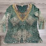 Reba Women XL V Neck 3/4 Sleeve Beaded Embellished Metallic Print Top Made USA Photo 5