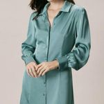 RIHOAS The Green Lapel Button Satin Shirt Mini Dress 3 Size XS Photo 1