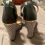 JustFab Kingston Black and White Chevron Raffia Ankle Strap Wedges Photo 3
