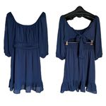 Dokotoo Round Neck Tie Back with Puffy Sheer Sleeve Ruffle Dress Blue Size M Photo 2
