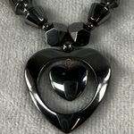 Black Hematite Beaded Necklace Heart Pendant Orange Silver Tone Accents Photo 2