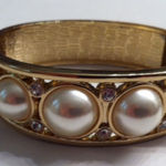 Vintage Chunky Gold Tone Rhinestone & Faux Pearl Statement Clamper Bracelet Photo 0