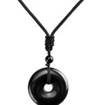 Natural Obsidian Stone Donut Black Pendant Necklace Gemstone - Boho, Bohemian Photo 2