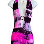 Vibrant Tie Dye Halter Plunging Romper Bodysuit. Pink / Black. One Size Fits All Photo 2