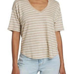 Faherty  Oceanside Linen V-neck Short Sleeve Tee Women S Tan White Hampton Stripe Photo 0