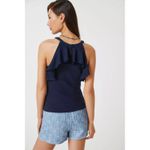 Anthropologie Maeve by  Navy Blue Ruffle Cold Shoulder Top Size Medium Photo 2