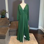 Women’s Green Chiffon Full Length Long Sleeve Dress Corset Back Leg Slit Size 12 Photo 7