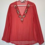 Newport News Sheer Coral Blouse with beaded Embroidery Size 12 Photo 0