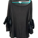 Lou & grey Lou & Gray Size Large Blouse Black Long Bell Sleeve Bow Tie‎ Round Neck NWT Photo 0