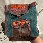 Handmade Groovy Aztec rainbow stitched green suede chocolate leather bucket backpack bag Photo 0