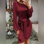 HOTOUCH Woman’s Medium Ribbed Knit Body Con Balloon Sleeve Midi Burgundy Dress Red Photo 3
