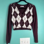 Hollister Women's Burgundy White Argyle Cropped Cardigan Sweater V neck S PREP Photo 0