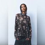 ZARA  NWOT | Black and Pink Floral Sheer Babydoll Blouse | M Photo 2