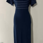 L.L.Bean Navy Blue White Stripe Midi Dress Petite Medium Jersey Knit Photo 0
