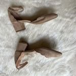 6 Shoes Scalloped Faux Suede Tan Ankle Strap Heels Photo 2
