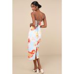 Lulus NWT  Oriana Light Blue Floral Satin Strapless Midi Dress Cocktail Formal M Photo 2