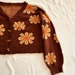 Target Women’s Large Brown Earth Tone Floral Cardigan Knit Sweater Cropped Statement Photo 1