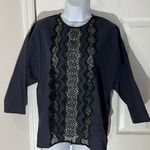 Sandro NWOT  Paris Back Button Short Sleeve Lace Front Shirt Navy Blue Sz 1 Photo 0