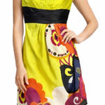 Kay Unger Y2K Dress 14 Chartreuse Yellow Strapless Silk Floral Pleated Cocktail Photo 0