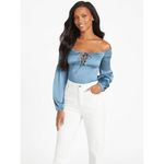 Guess  Dale Off The Shoulder Cyclone Blue Smocked Satin Top M NWT Photo 8