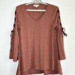 Knox Rose Mauve Pullover Knit Top M Velvet Lace Up Sleeves Hi Low Lightweight Photo 0