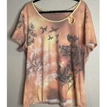 One World Vintage Womens Y2K  2X Top Blouse Satin Trim Birds Boho Floral Romantic Photo 0