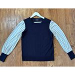 DKNY navy striped sleeve mixed media sweater blouse M Photo 7