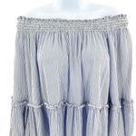 American Eagle  Smocked Off the Shoulder Pinstripe Blue White Bell Sleeve Top Photo 3