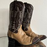 Vintage Brown Tan Leather Western Festival Wingtip Mid Calf Heeled Cowboy Boots Size 7.5 Photo 3